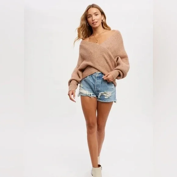 CLEAR OUT!!! Crossover Ribbed Pullover- Latte - Picture 4 of 11